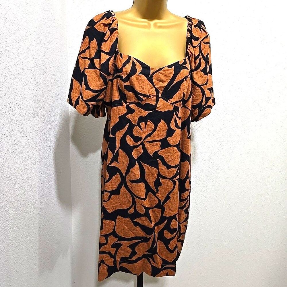 Babydoll Linen Blend Ruched Dress Medium Black Brown Puff Stretch Indie Artistic